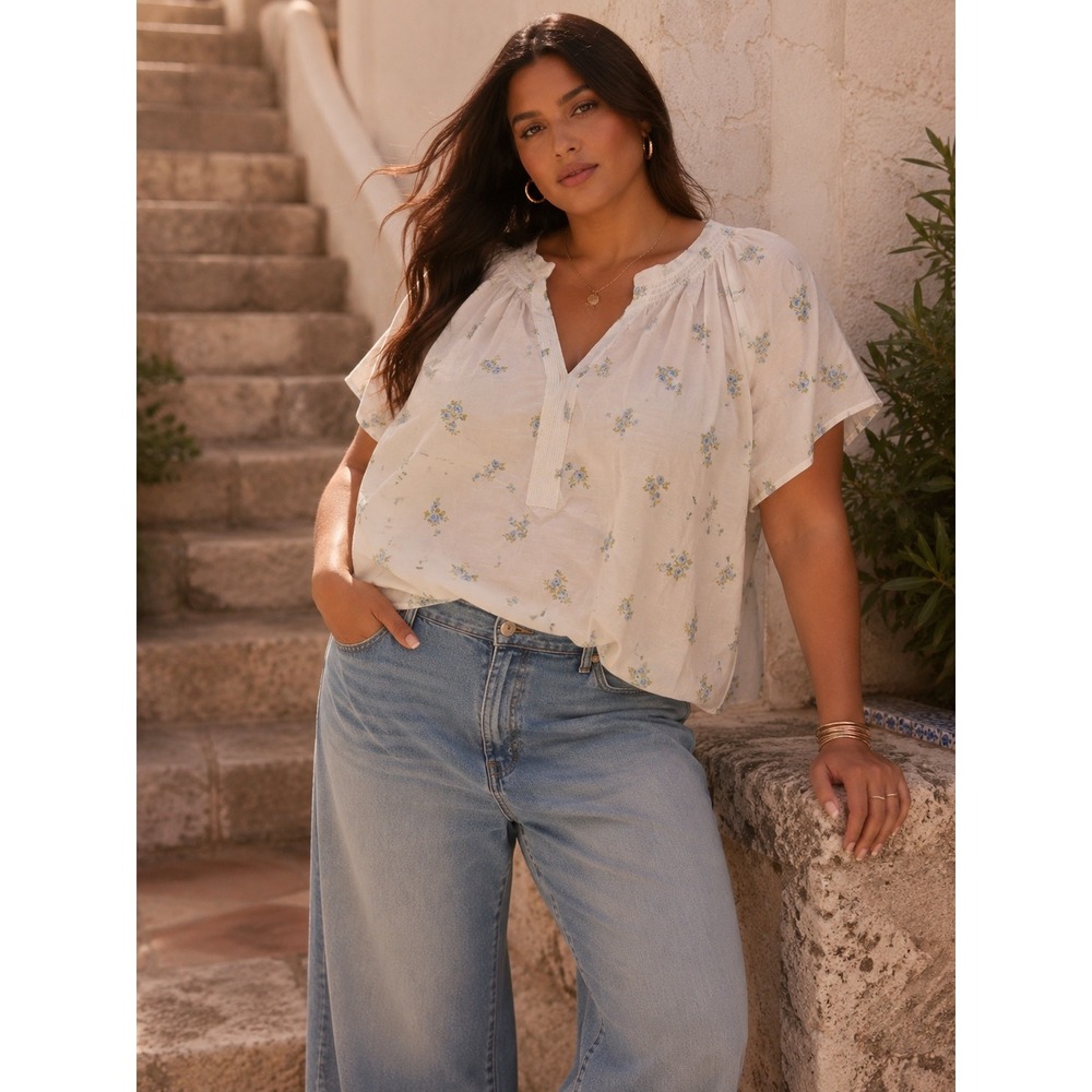 a.n.a a new approach Floral Peasant Blouse White Blue 2X NWT Split Neck Cotton